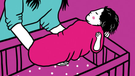 插图显示妈妈在婴儿床里放下熟睡的婴儿
